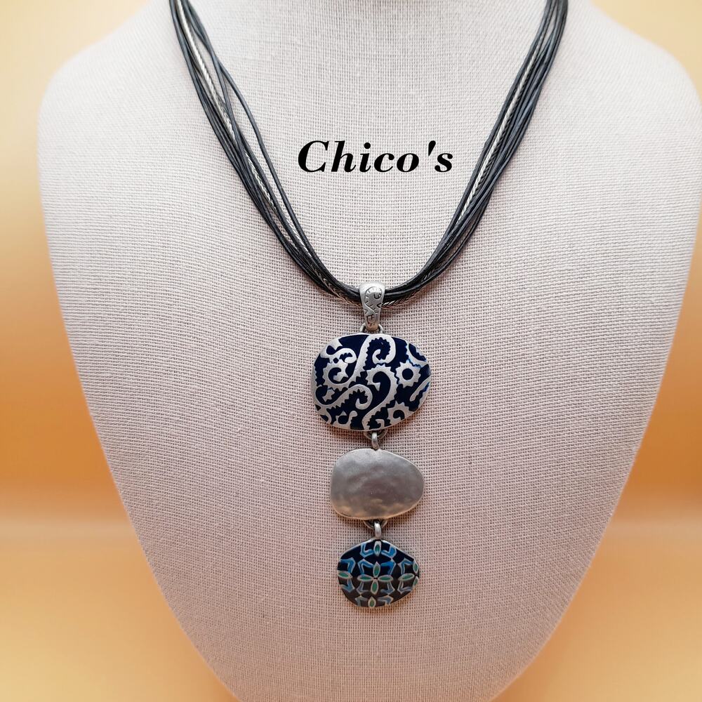 Chico's Blue Enamel Pendant Necklace, Leather Cords, 20 Inch